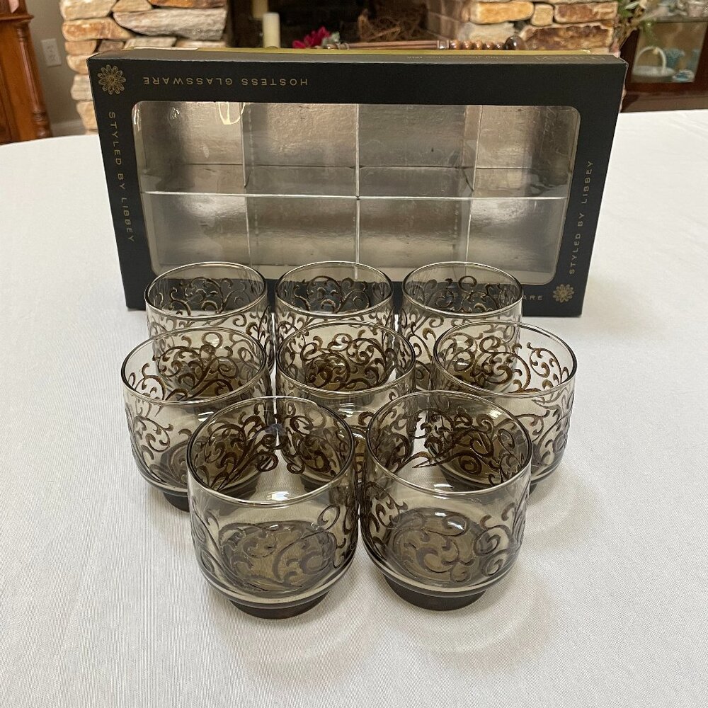 MCM LIBBEY PRADO SCROLL (8) 9oz "On the Rocks" Glasses Tawny, Smokey Brown - NIB